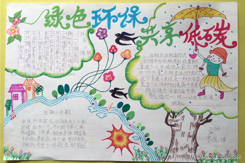 “绿色出行,环保生活”无车日手抄报图片